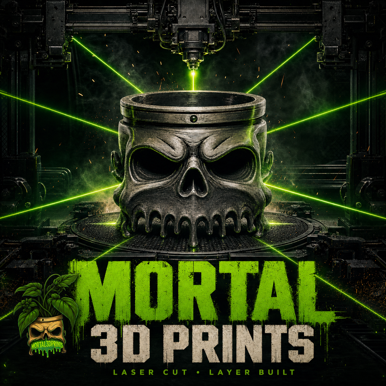 Mortal 3D Prints skull planter surrounded by green industrial lasers, with the original leafy skull logo